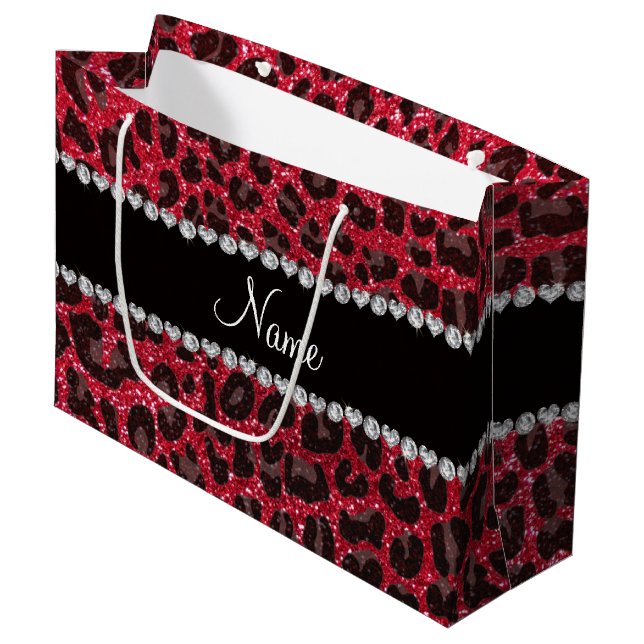 Custom name crimson red glitter leopard print large gift bag (Front Angled)