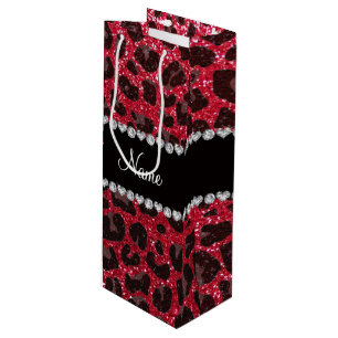 Custom name crimson red glitter leopard print wine gift bag