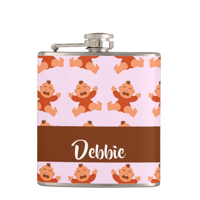 Custom name crying babies on pink hip flask (Front)