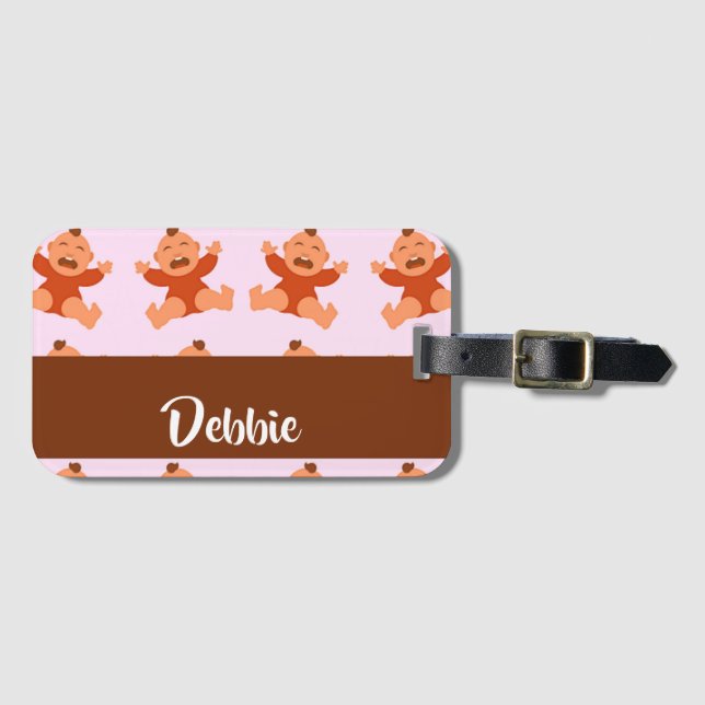 Custom name crying babies on pink luggage tag (Front Horizontal)