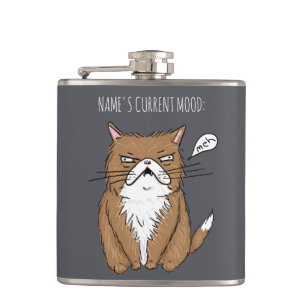 Custom Name Current Mood Meh Funny Cat Grey Flask