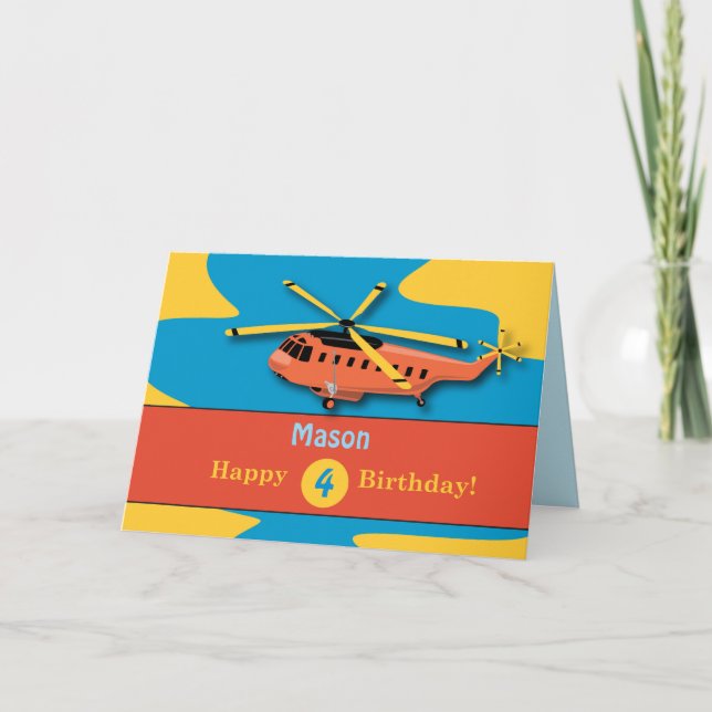 Custom Name, Custom Age, 4th Birthday with Helicop Card (Front)
