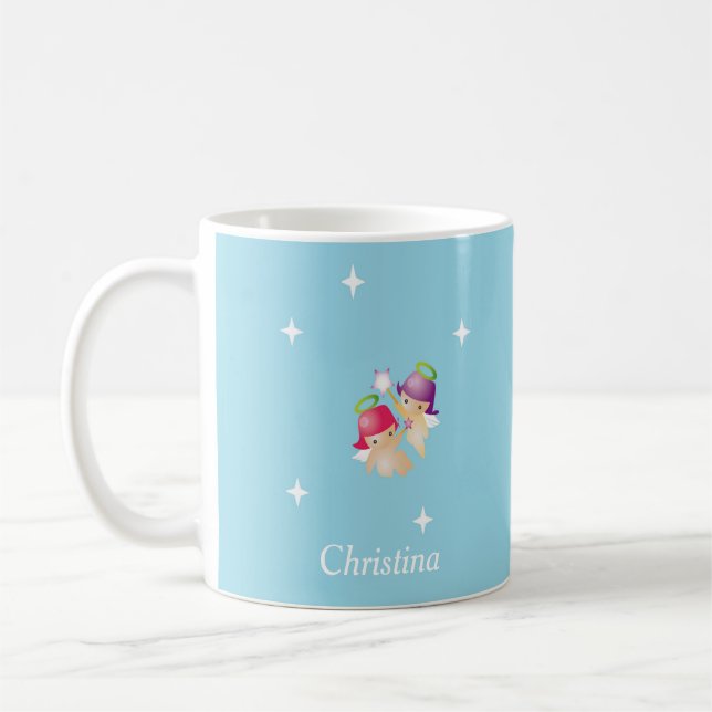 Custom name cute angels on blue coffee mug (Left)