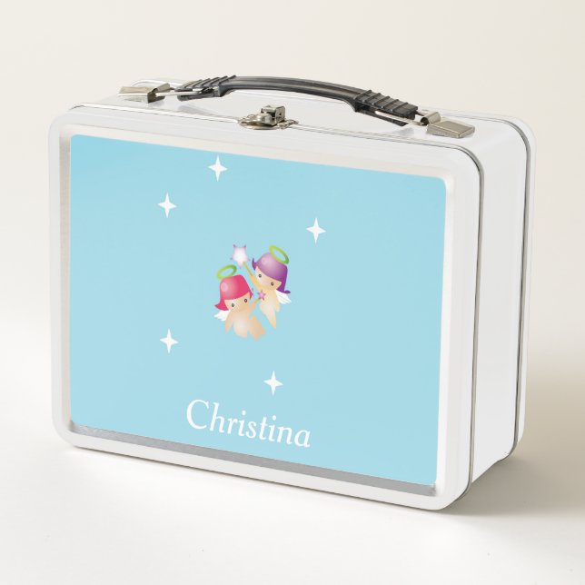 Custom name cute angels on blue metal lunch box (Front)