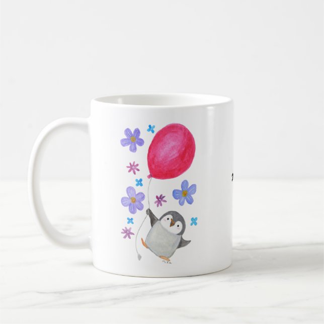 Custom Name Cute Baby Penguin Holding Balloon Coffee Mug (Left)