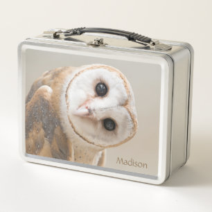 Custom Name Cute Barn Owl Metal Lunch Box
