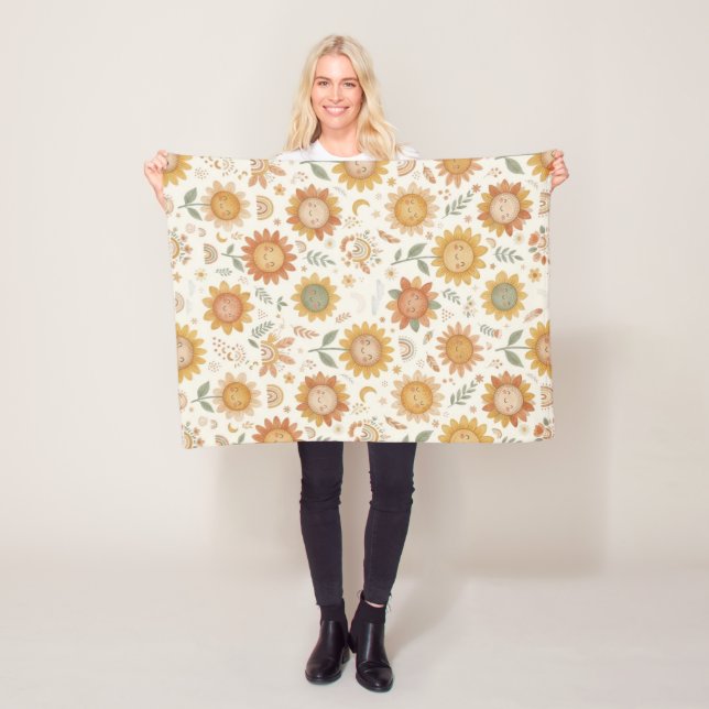 Custom Name Cute Boho Sunflower Sun & Rainbow Fleece Blanket (In Situ)