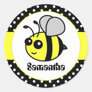 Custom Name Cute Bumble Bee Cartoon w/ Polka Dot Classic Round Sticker