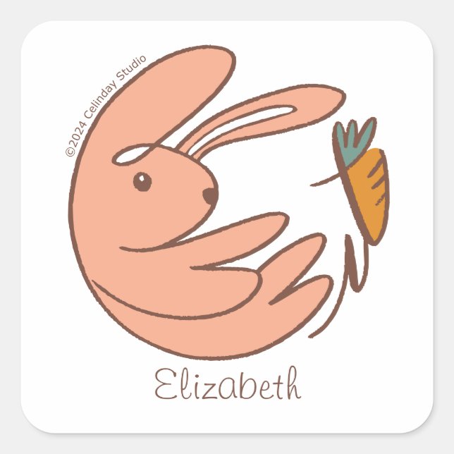 Custom Name Cute Bunny and Carrot Animal Art Square Sticker (Front)