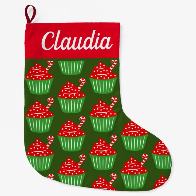 Custom name cute candy cane cup cake pattern extra large christmas stocking (Front)
