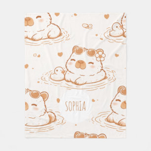 Custom Name Cute Capybara With Sunglasses Kids Fleece Blanket