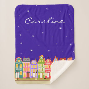 Custom Name Cute Cartoon Night Town Sherpa Blanket