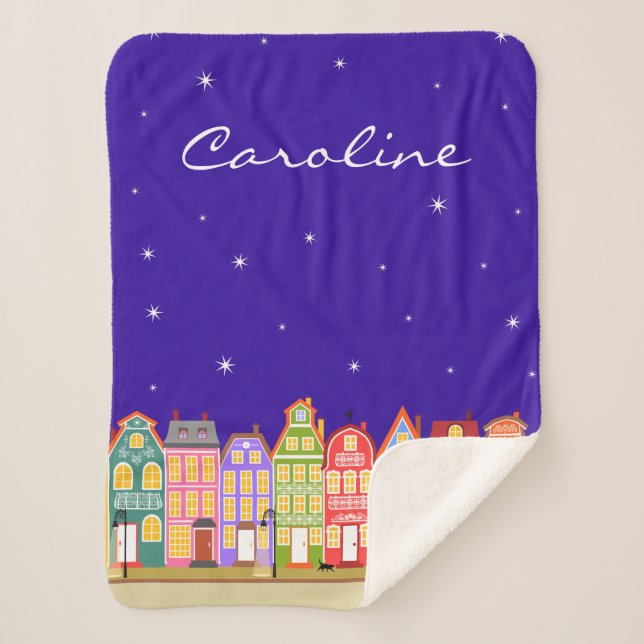 Custom Name Cute Cartoon Night Town Sherpa Blanket (Front)