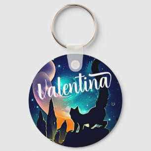Custom Name Cute Cat and Galaxy Stars & Mountains  Key Ring