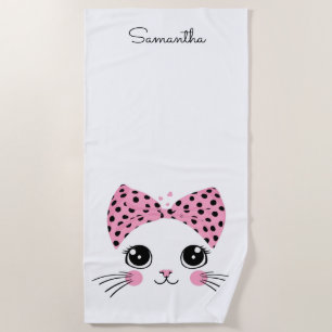 Custom Name Cute Cat Face Beach Towel