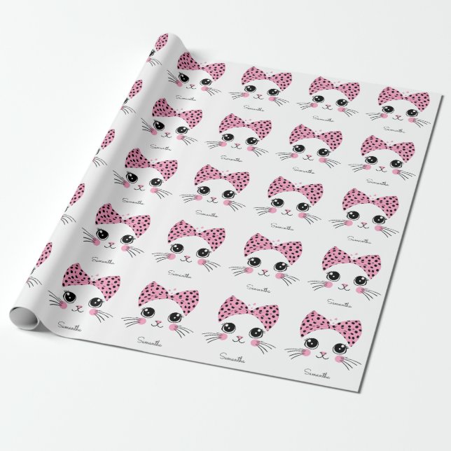 Custom Name Cute Cat Face Wrapping Paper (Unrolled)