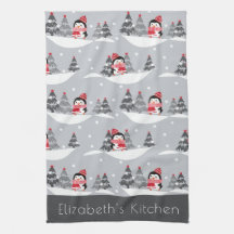 Custom Name Cute Christmas Penguin Kitchen Towel