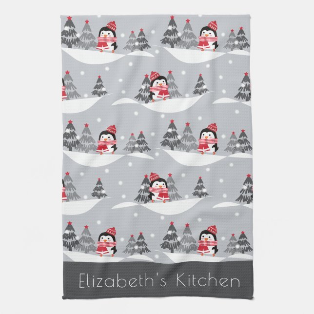 Custom Name Cute Christmas Penguin Kitchen Towel (Vertical)