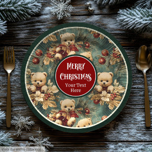 Custom name cute Christmas teddy bears holly berry Paper Plate