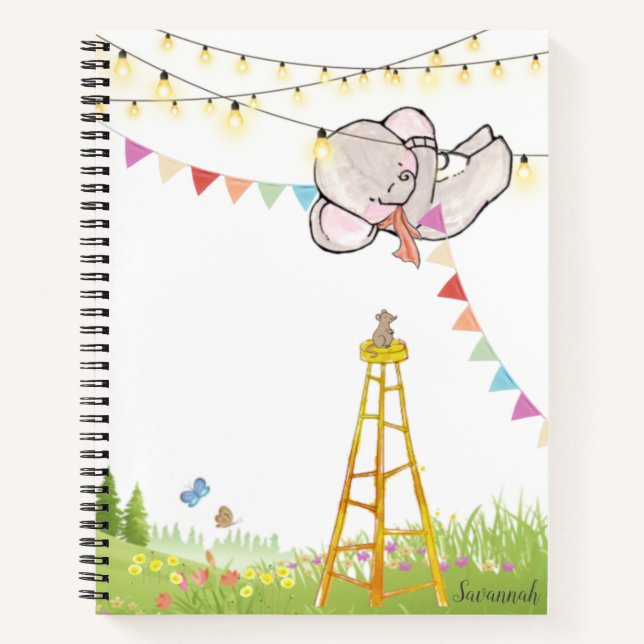 Custom Name Cute Elephant Colourful Notebook (Front)