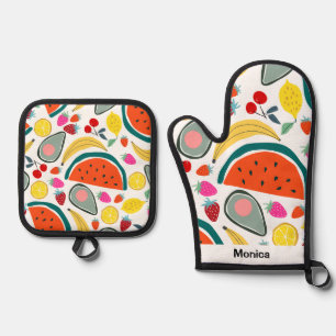 Custom Name Cute Fruits Background Oven Mitt & Pot Holder Set