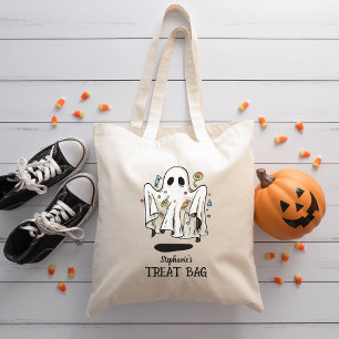 Custom Name Cute Ghost Halloween Trick or Treat Tote Bag