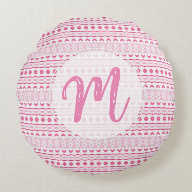 Custom Name Cute Girly Pretty Pink White Pattern  Round Cushion (Front)