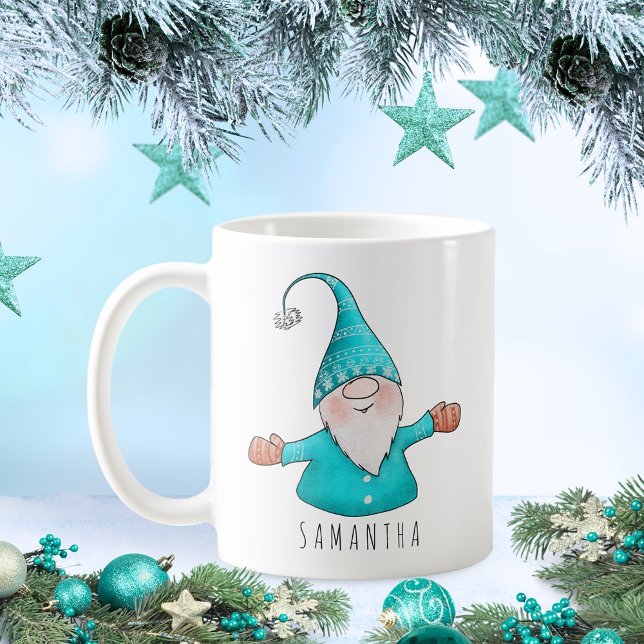 Custom Name Cute Gnome Teal Blue Christmas Coffee Mug (Creator Uploaded)