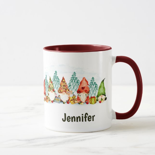 Custom Name Cute Gnomes Watercolor Christmas Mug (Right)