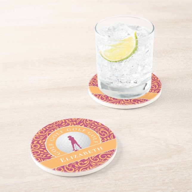Custom Name Cute Golfer Silhouette Pink Orange Coaster (Side)