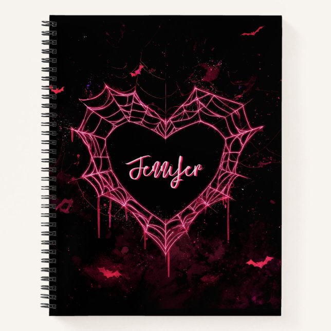 Custom Name Cute Gothic Pink Heart Spiderweb  Notebook (Front)