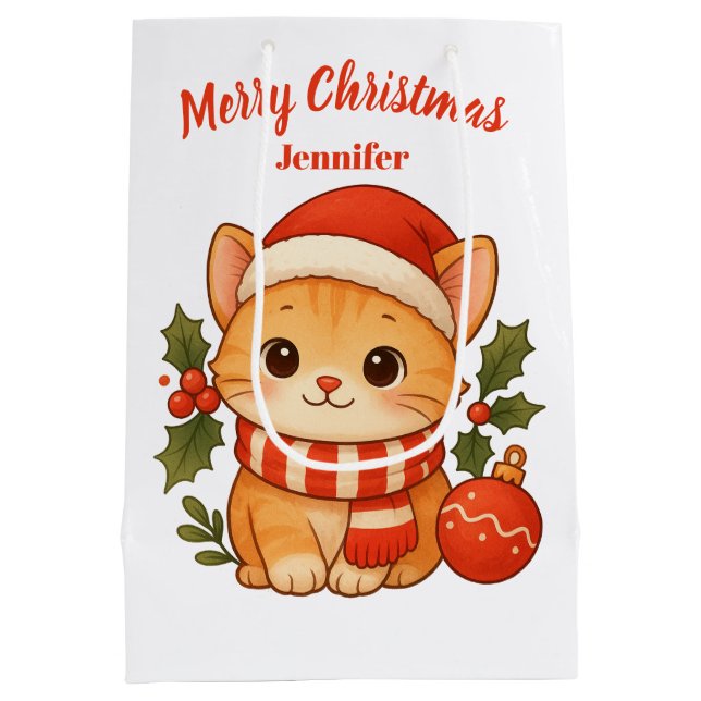 Custom Name Cute Kitten Merry Christmas Gift Bag (Back)