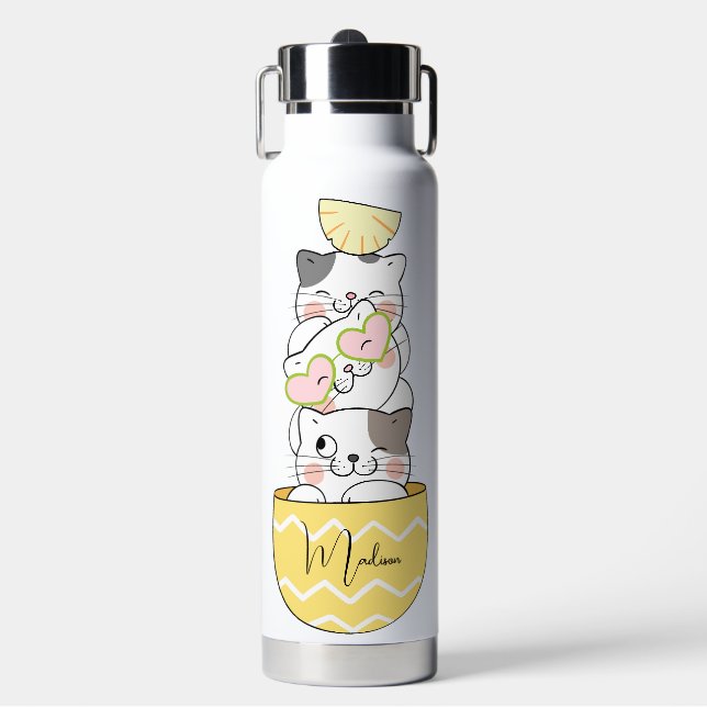 Custom Name Cute Kittens Water Bottle (Front)