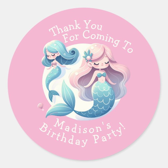 Custom Name Cute Mermaid Theme Magical Birthday  Classic Round Sticker (Front)
