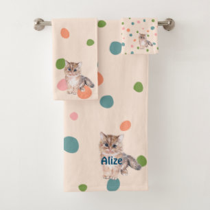 Custom name cute modern Cat kitty kitten dots pink Bath Towel Set