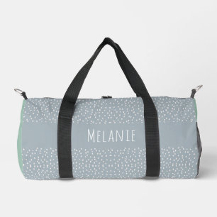 Custom name, cute modern grey blue spots duffle bag
