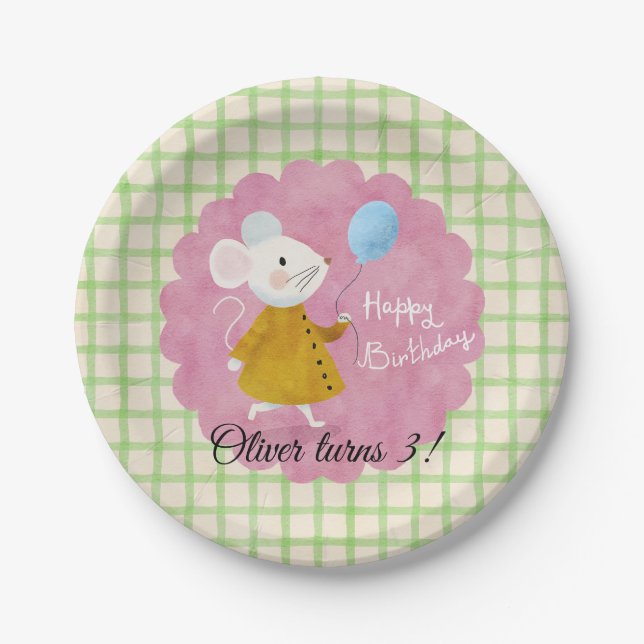 Custom Name Cute Mouse Picnic Birthday Paper Plate (Front)