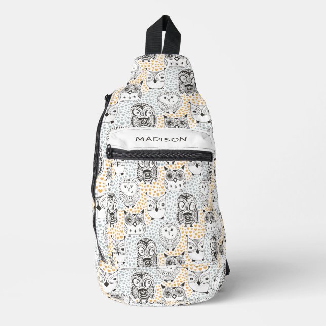 Custom Name Cute Owl Pattern Sling Bag (Front)
