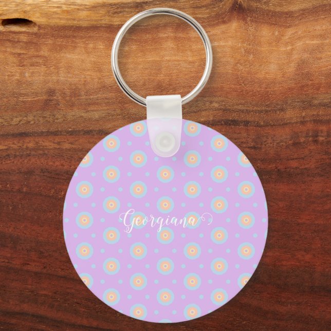 Custom Name Cute Pastel Rainbow Bullseyes Pattern Key Ring (Front)