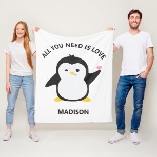 Custom name cute penguin fleece blanket