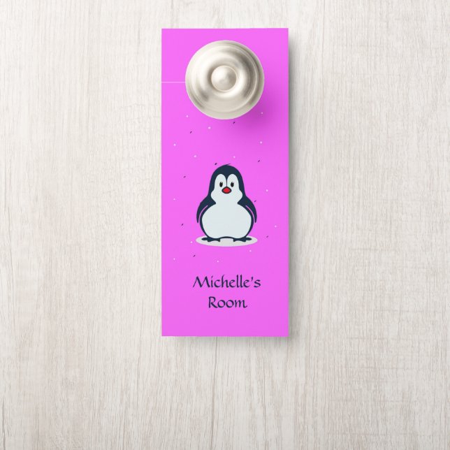 Custom name cute penguin on pink door hanger (On Knob)