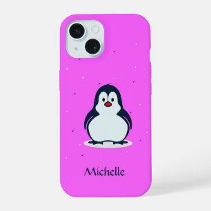 Custom name cute penguin on pink iPhone 15 case