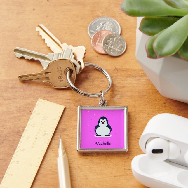 Custom name cute penguin on pink key ring (Desk)