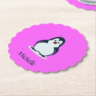 Custom name cute penguin on pink paper coaster