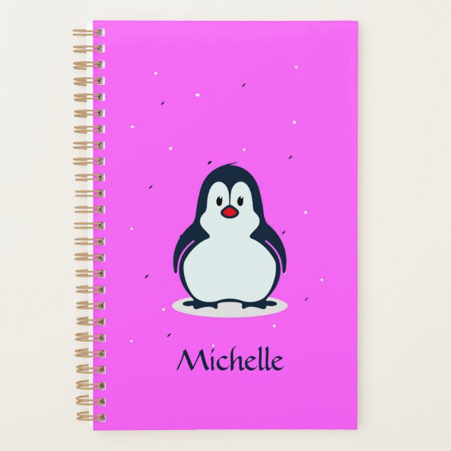 Custom name cute penguin on pink planner (Front)