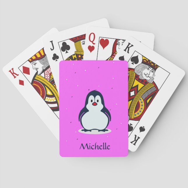 Custom name cute penguin on pink playing cards (Back)