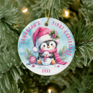 Custom Name Cute Penguin Pink First Christmas  Ceramic Ornament