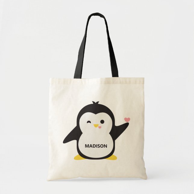 Custom name cute penguin tote bag (Front)