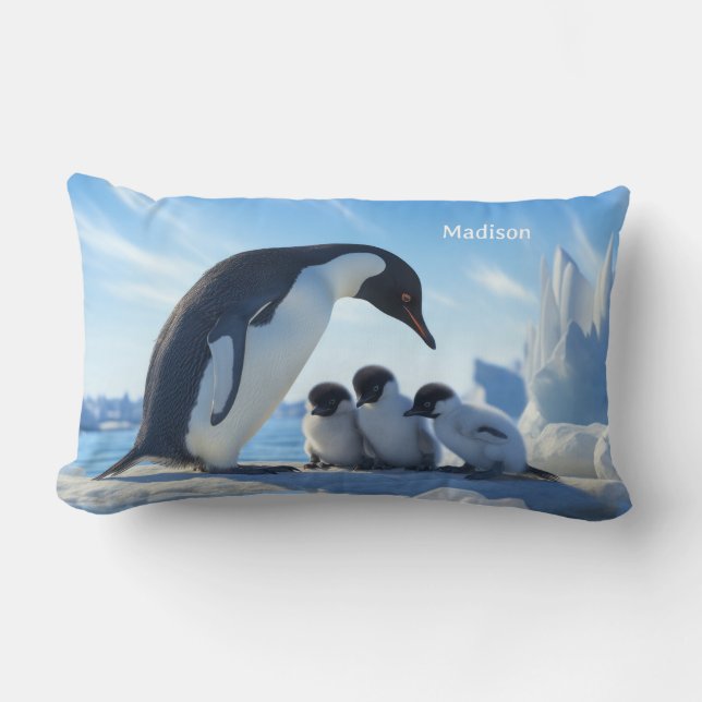 Custom Name Cute Penguins Lumbar Cushion (Front)