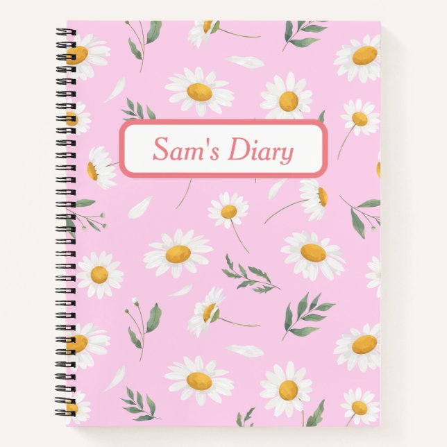 Custom Name Cute Pink Daisy Diary Notebook (Front)